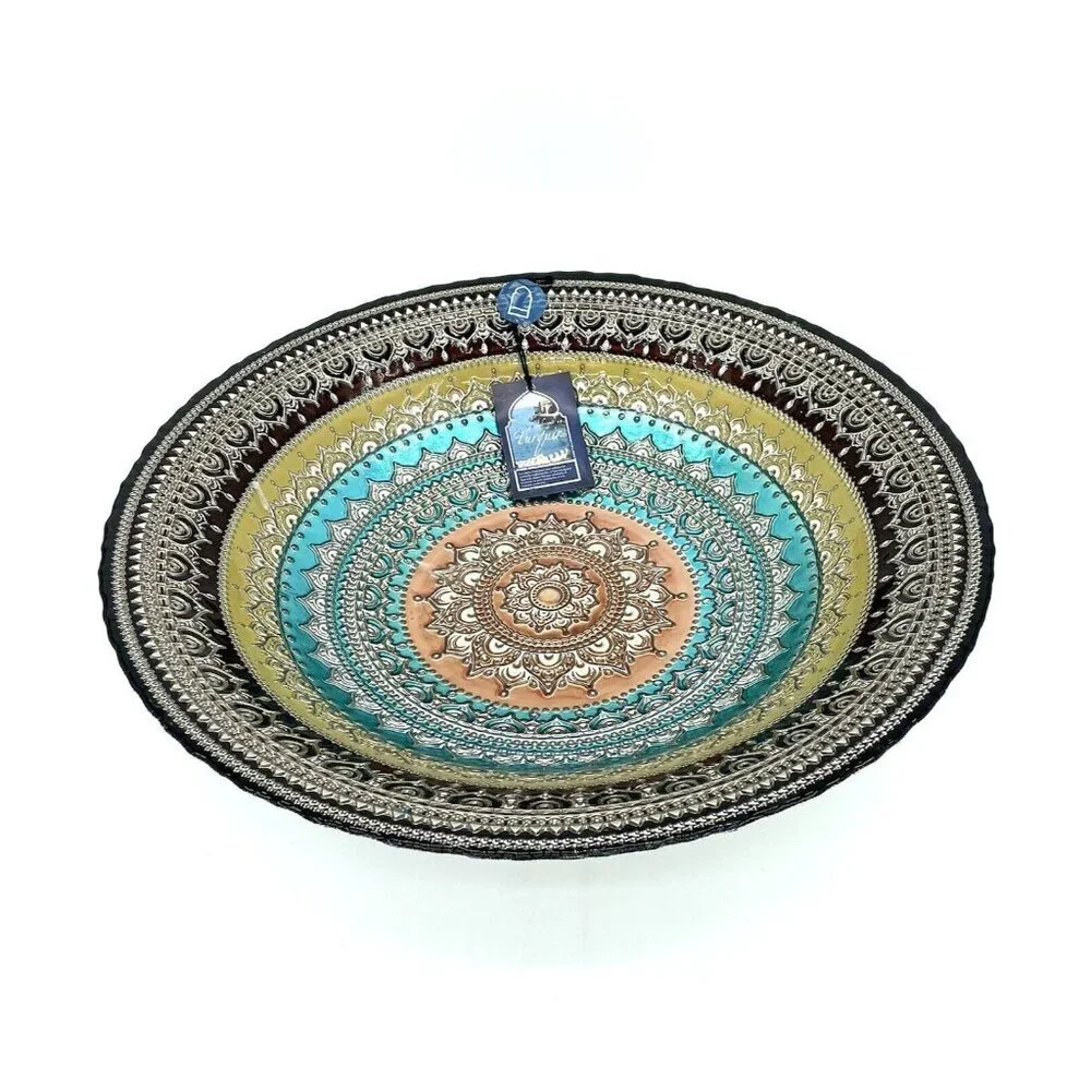 Turkish Glass Round Bowl Dinner Display Multi Color Oriental Lace 16” W XL
